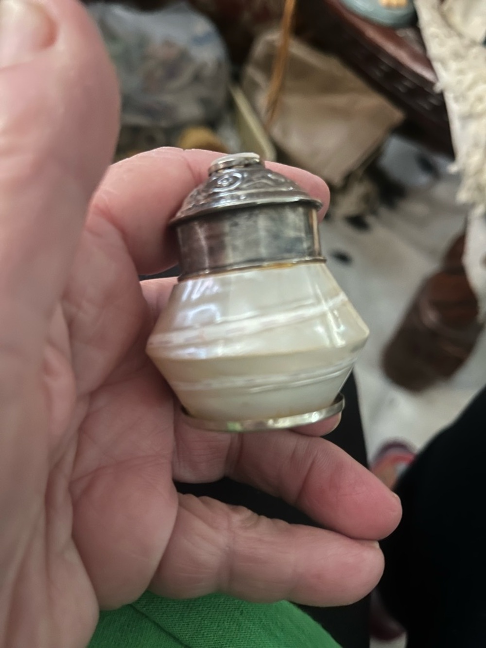 Mother of Pearl and Silver Tone Miniature Jar Pendant - Cream